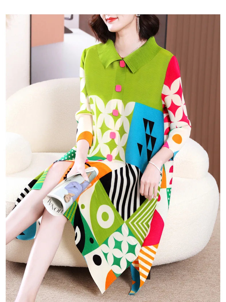 Miyake Pleated Dress Women 2024 Spring New High-End Design Sense Printing Lapel 3/4 Sleeve Single-breasted Fashion Shirt Dresses