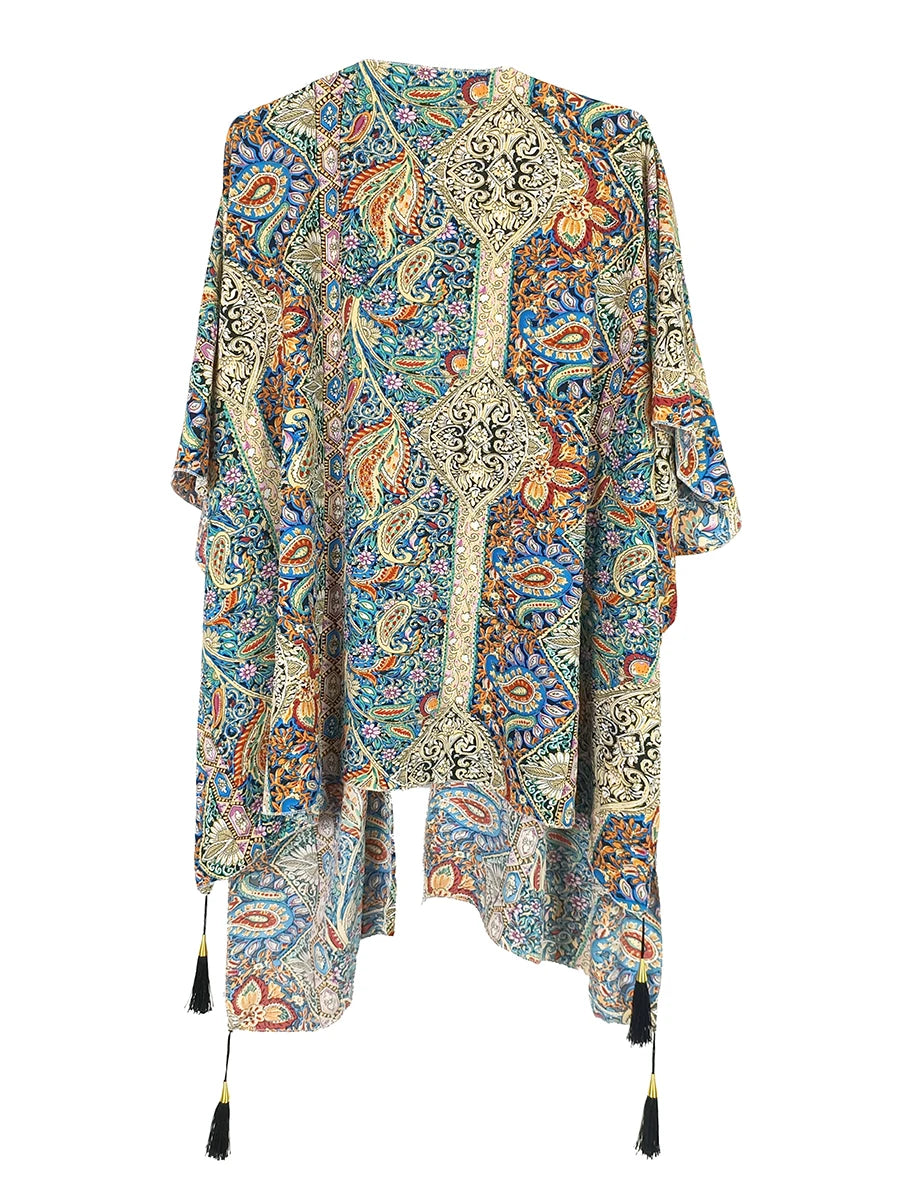 Fashion Vintage Paisley Bikini Cover Ups Summer Chiffon Cardigan Cape Women Beach Swimsuit Sun Protection Smock Loose