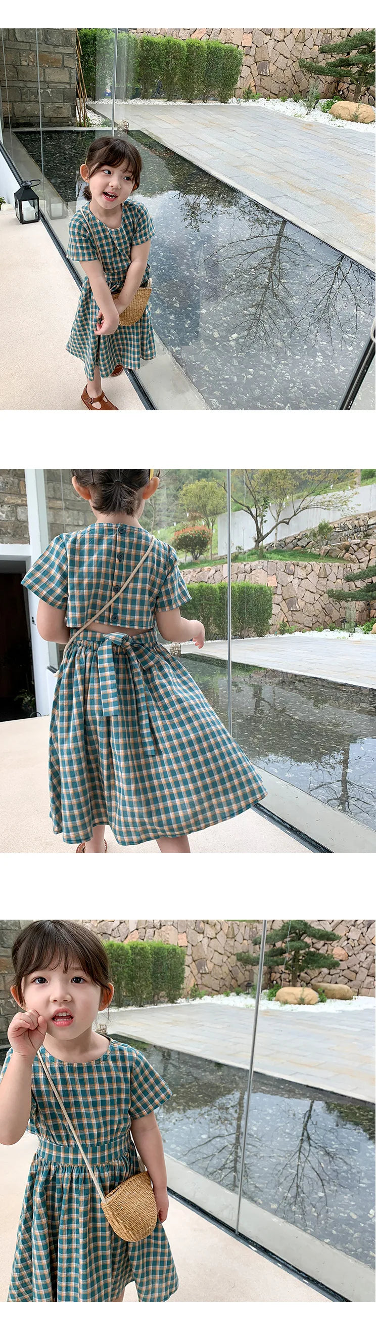 Summer Casual Baby and Girls Cotton Plaid Single-Breasted Short-Sleeved Lace Up Back Dress Kids Lovely Outfit Clothing 2-8 Years