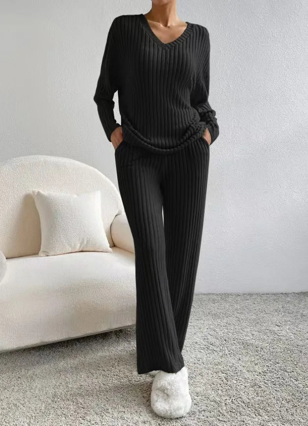 Fashionable Knitted Two-Piece Set Casual V-Neck Long Pants Autumn Winter New Style Loose Fit Korean Style Comfortable Polyester