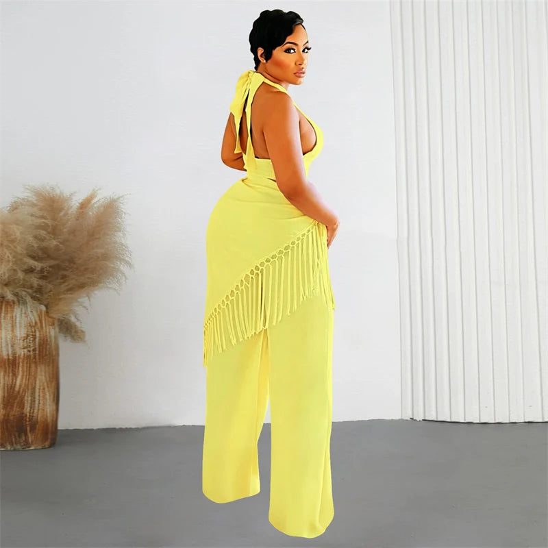 Sexy Two Piece Sets Woman Festival Outfit Birthday Club Party Bandage Halter Backless Crop Top and Tassel Pants Matching Sets