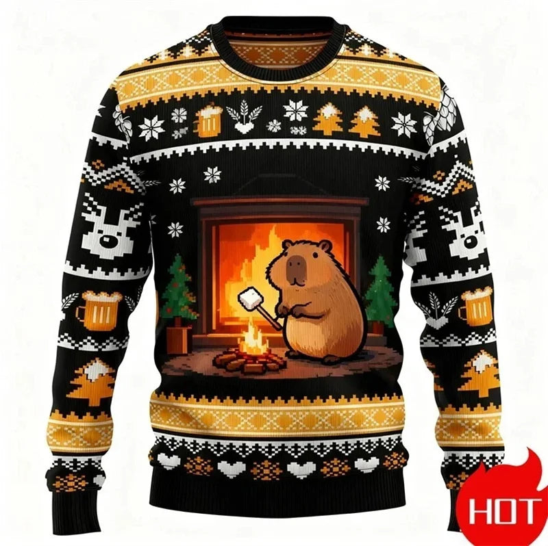 Cute Capybara Print Design Ugly Christmas Sweater Child Adult Long Sleeve Christmas Pullover Sweatshirt Festival Hot Men Sweater