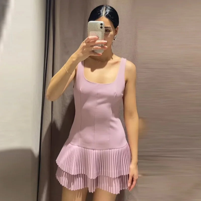 HXAO Pleated Slip Dress Womens Dresses Summer 2025 Sexy Mini White Backless Dress Elegant Party Dresses Solid Short Vestidos 066