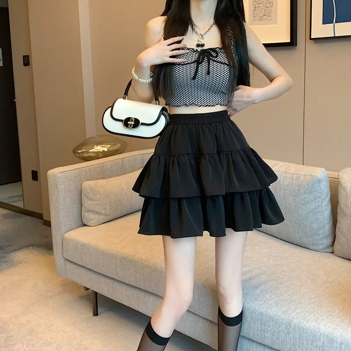 Ruffled Cake Skirts for Women High-waisted A-line Solid All-match Sweet Lovely Girls Korean Style Gentle Spring Kawaii Casual