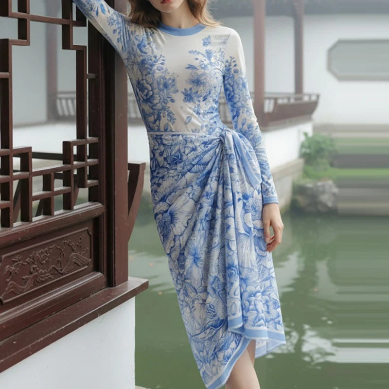 Fashion Print One-Piece Beachwear Suit Women Casual Long Sleeve Slim 2Pc Sets Elegant O-neck Zipper Swimsuit With Skirt Outfits