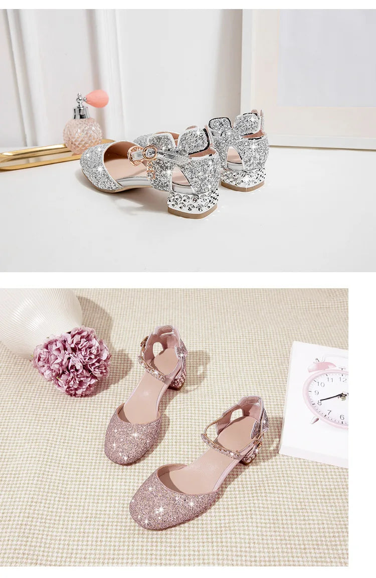 Princess Kids Leather Shoes Girls Sandal Sweet Pearl Casual Glitter Children High Heels Girls Party Dance Shoes Pink Gold Silver