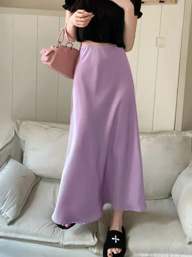 Elegant Women's Skirts High Waist Silk Satin A-line Skirt Lady Fashion Solid Color Purple Long Skirts for Women Fashion 2026
