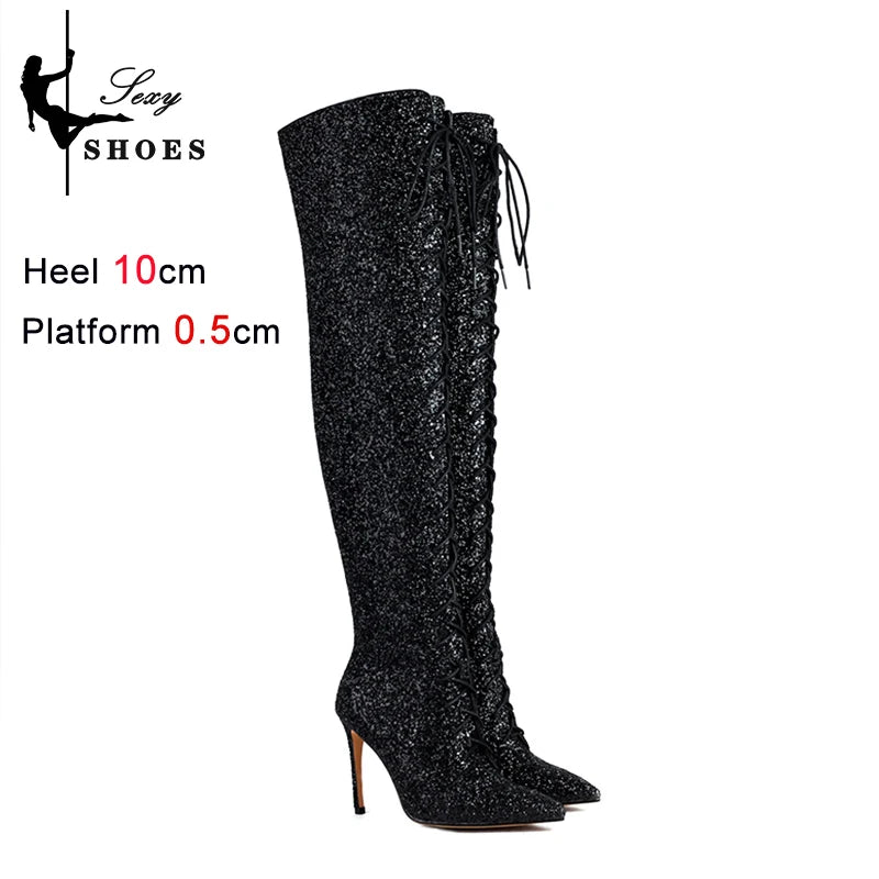 10CM Night Club Over The Knee Boots Sequins Thin High Heels Fashion Lady Pointed Long Boots Autumn Winter Party Shoes For Women