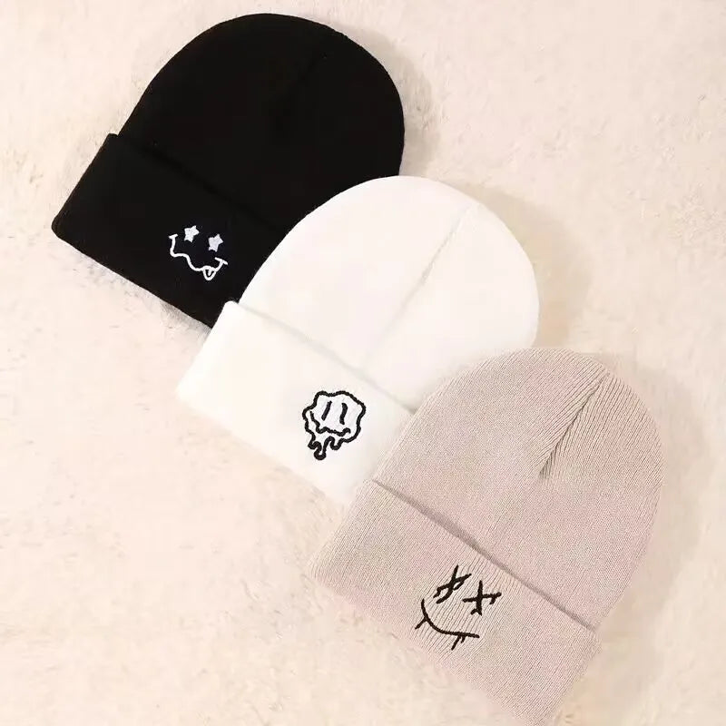 1pc/3pcsWinter and autumn warm-up hat with embroidered smiling face woolen hat for men and women, knitted for casual and active BAZAARHUBO