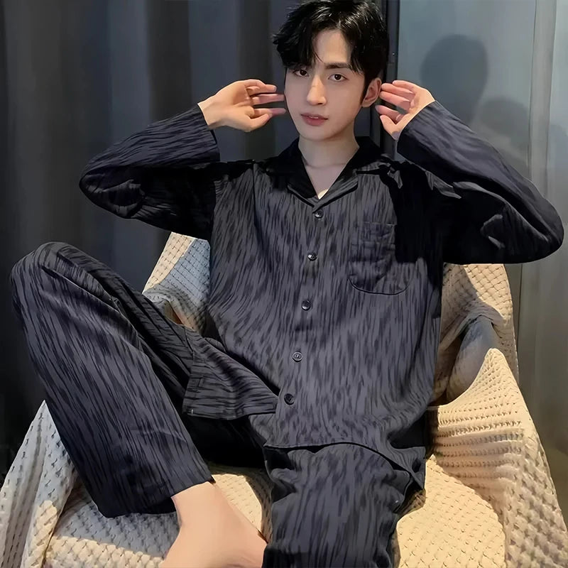Pajamas for Men Spring and Autumn Long-Sleeved Young Men's Simple Casual Lapel Autumn and Winter Home Wear Set