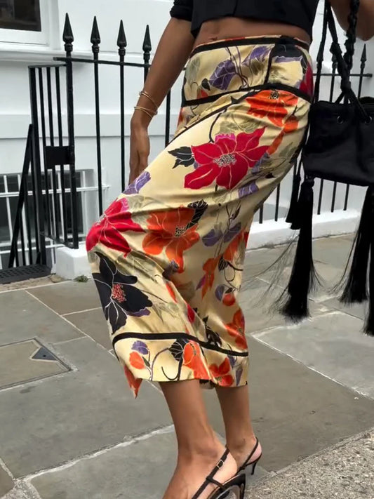 Vintage Floral Print Skirt For Women Chic Low Waist Slim Fit Slit Zipper All-matching Skirts Female 2026 Summer Lady Bottom