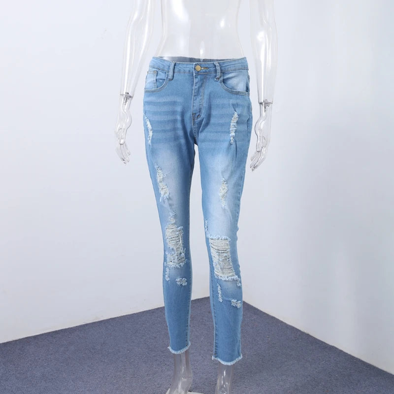 Women Ripped Jeans Low Waist Skinny Denim With Zipper Pockets Blue Y2K Summer