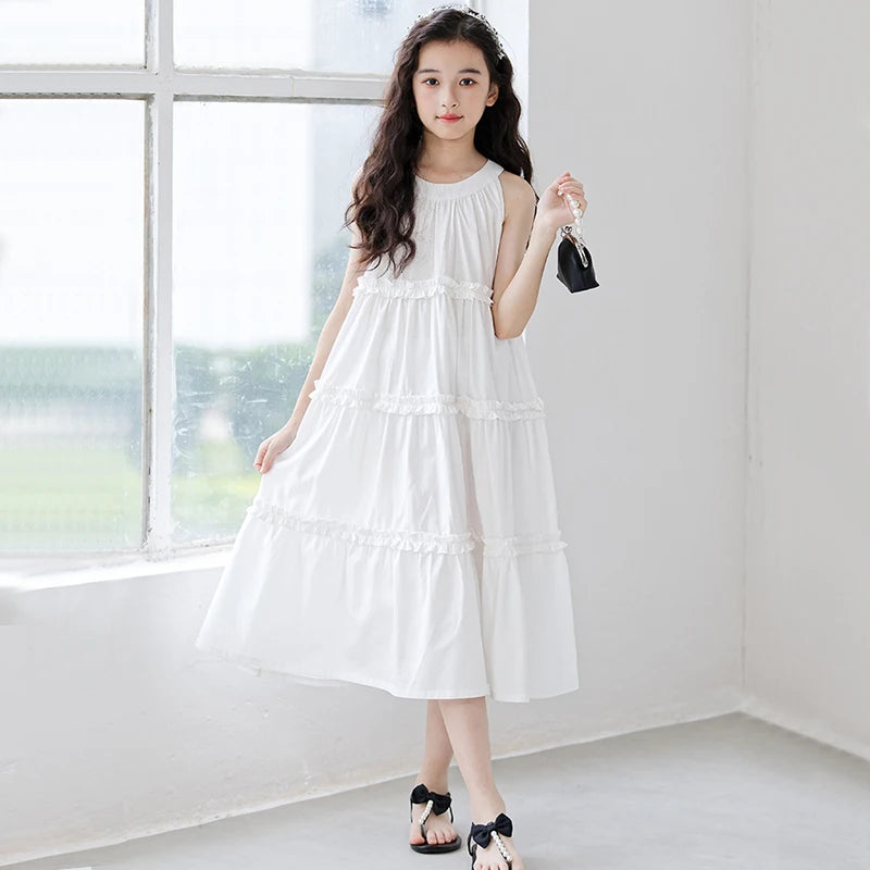 Fashion Korean Children's Clothes 2025 Elegant Dress For Girls Casual Dresses White Sleeveless Summer Dress Loose Girl Outfits