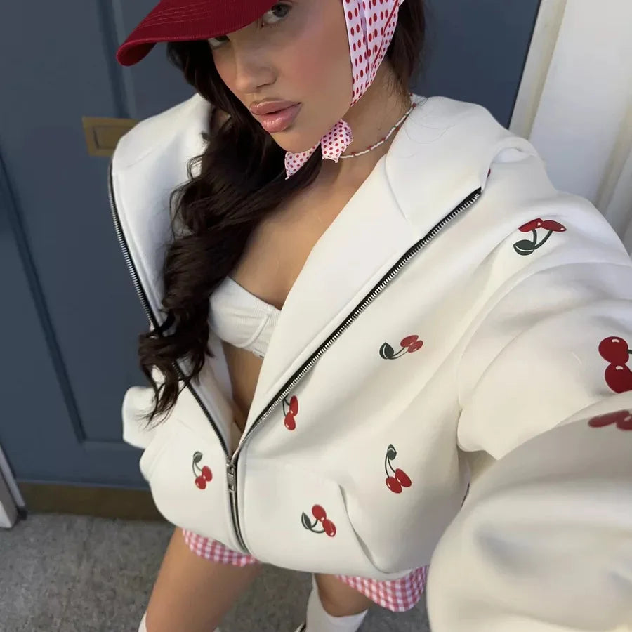 Women's Cherry Printed Sweatshirt Jacket 2025 Autumn Street Style Fashion Trendy Brand Loose Versatile Sports Hoodie Female New