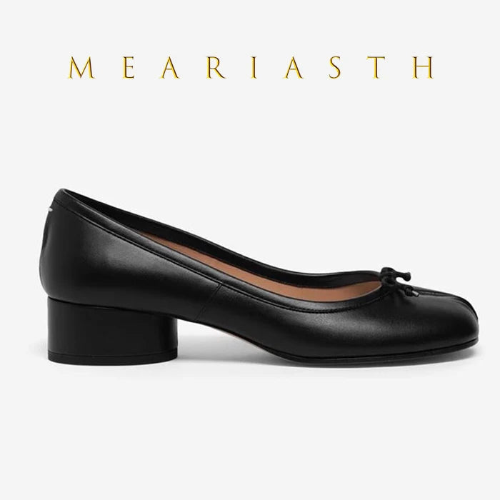 Slip-On Cylindrical Heel Tabi Pumps Bowknot Split Toe High Heels for Women Handmade Multi-Color Novelty Design Leather Shoes New