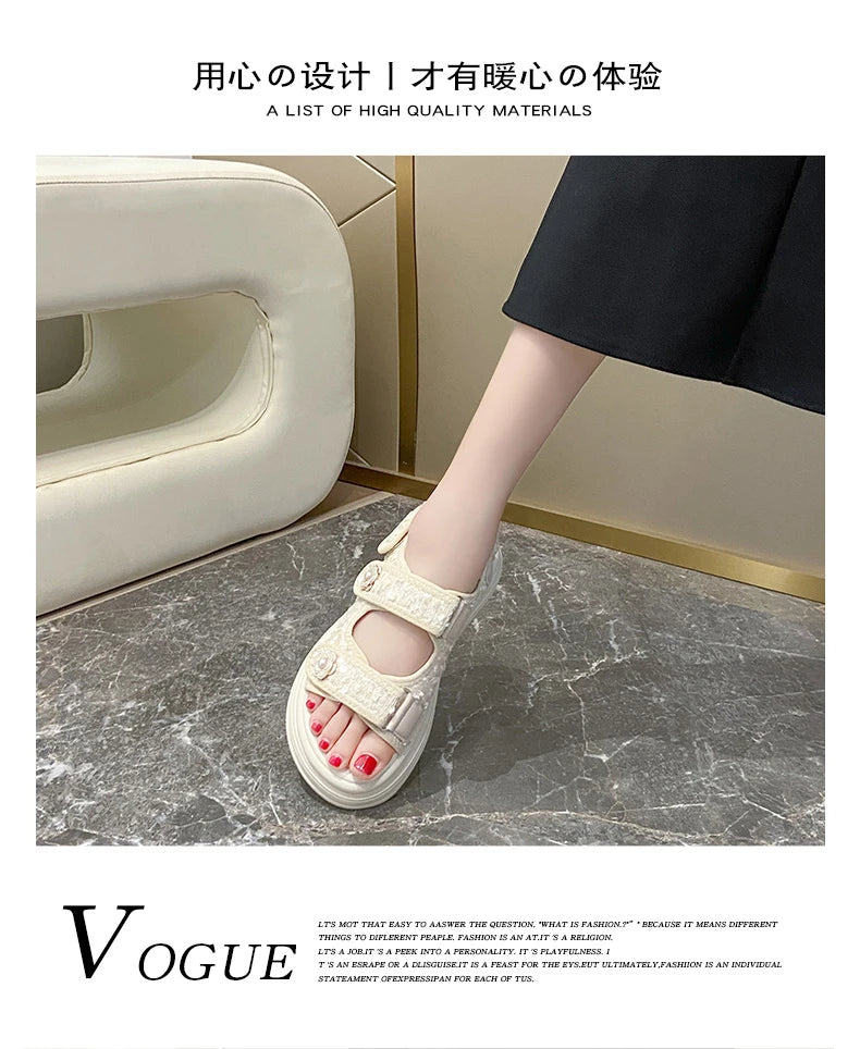 Women's Platform Sandals Handmade Leather Rubber Bottom Flat Sandals Metal Decorative Element Summer Casual Ladies Outdoor Shoes