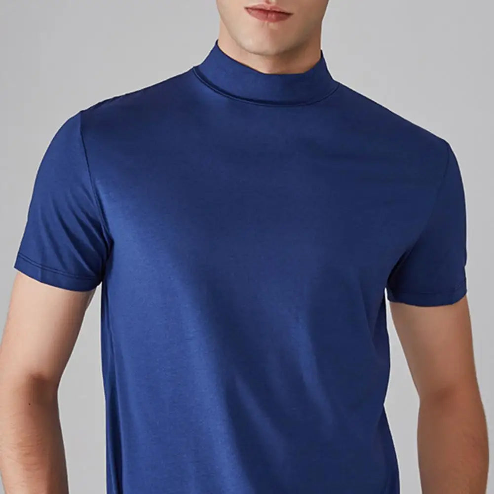 Summer Casual Short Sleeve T-shirt For Men Half High Collar Slim Fit T-shirt Solid Color Elastic Thin Pullover Tee Shirt