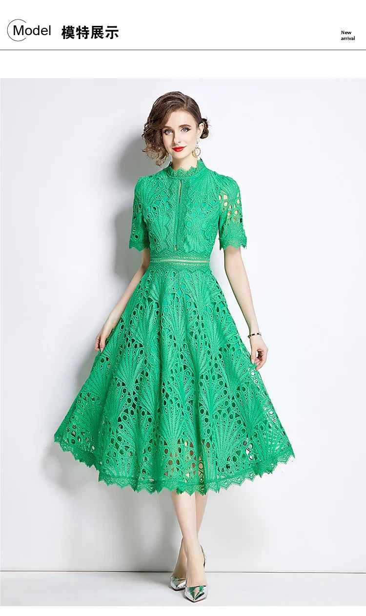 SMTHMA Vintage High-End O-Neck Short Sleeve Lace Hollow Out Dress For Women's Summer Slim Elegant Long Dress Female Clothing