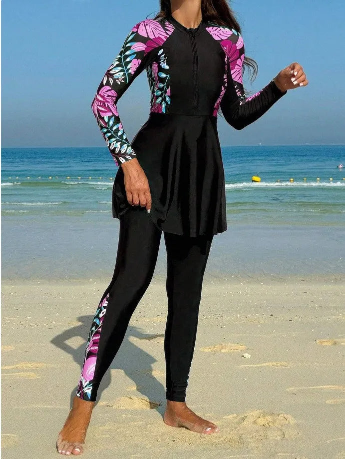 Burkini Femmes Swimwear Long Sleeve Black Tunic Swimsuit Full Leggings Front Zipper Swimming Suit Sun Protection Two Piece