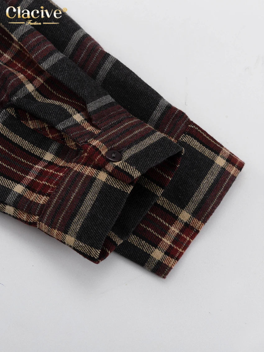 Clacive Fashion Loose Plaid 2 Piece Sets Women Outfit 2025 Elegant Long Sleeve Blouse With High Waist Pleated Mini Skirt Set
