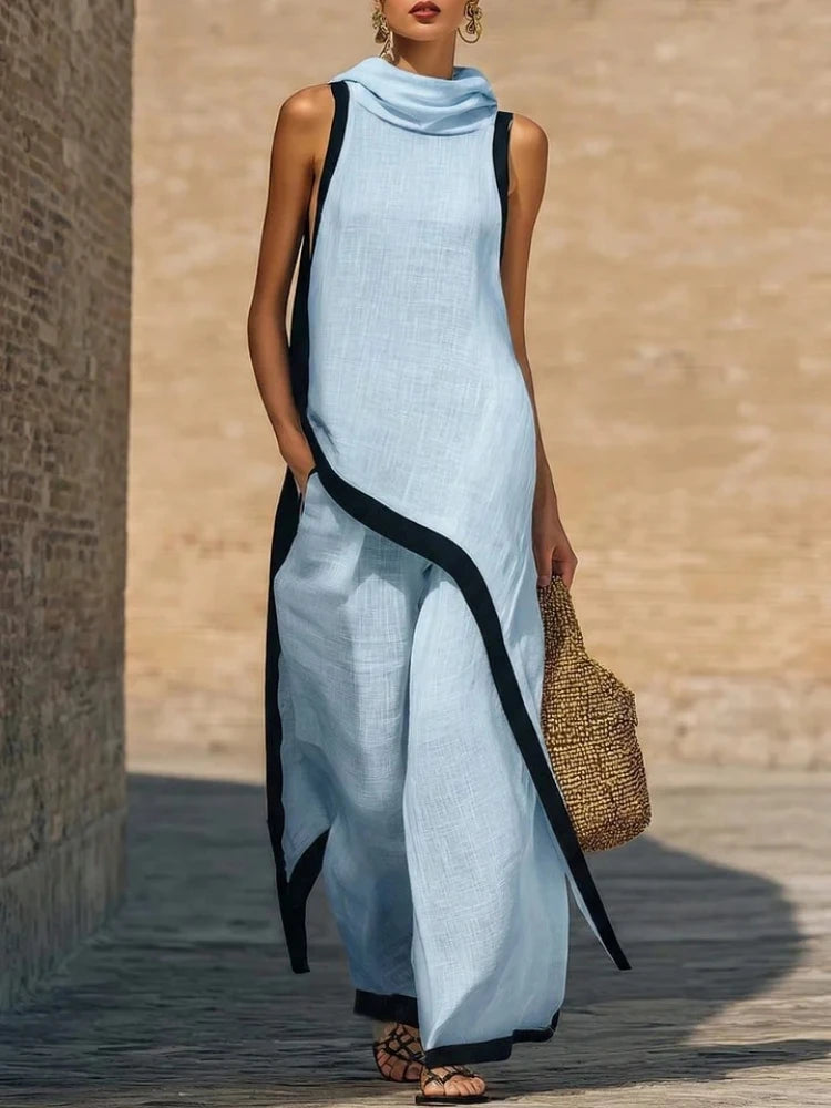 Women's Two-piece Sleeveless Contrasting Color Wide-leg Trousers 2026 Summer Casual Fashion Solid Color Irregular Suit For Women