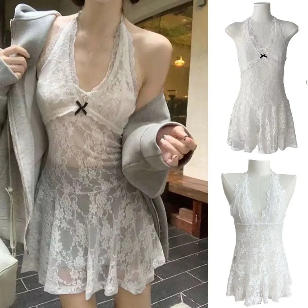 Fashion Transparent Lace Halter Dress V-neck Beachwear Lace-up Short Skirts A-line Spicy Girl Style Dresses Women Club