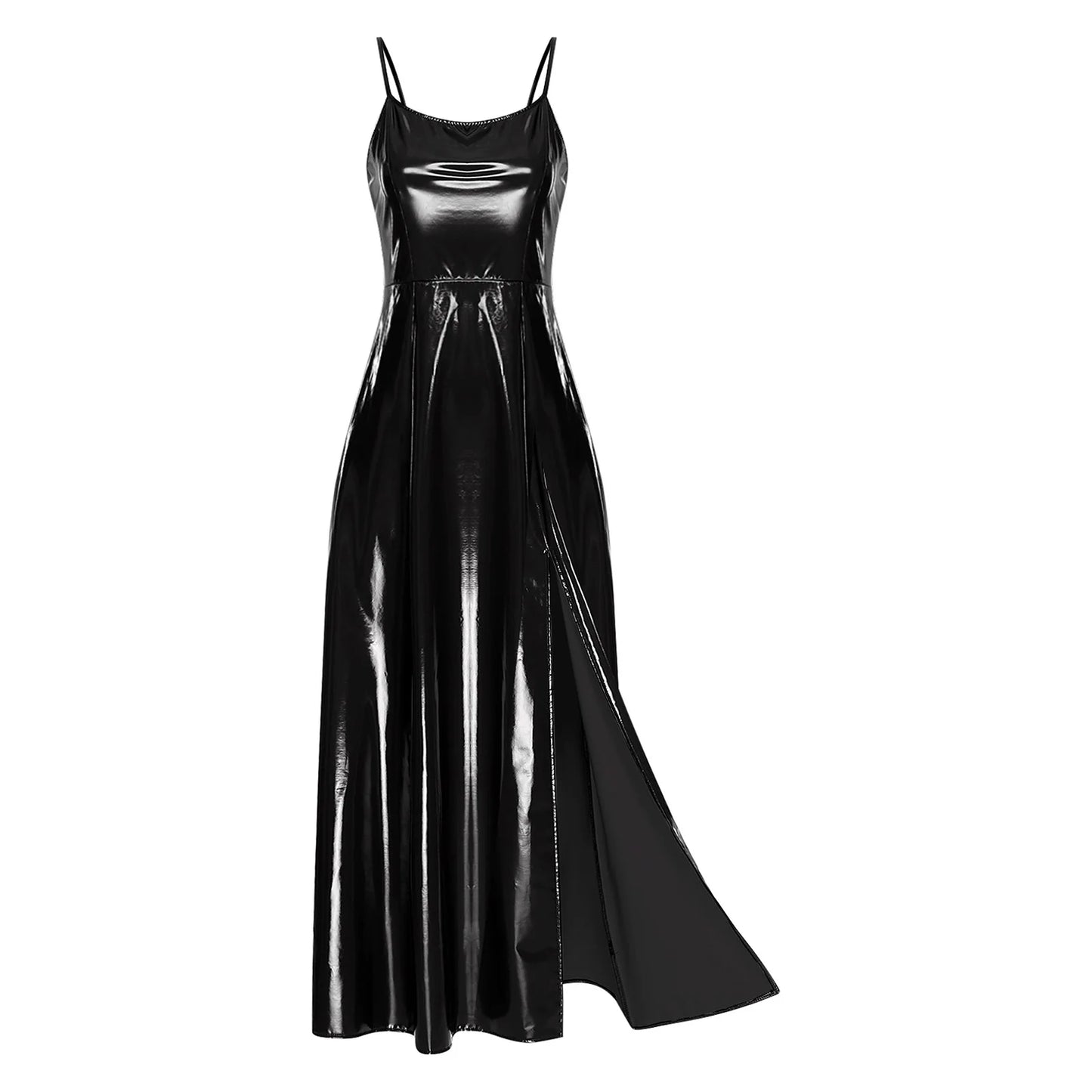 Womens Gothic Punk Glossy Maxi Dress PU Leather Side Slit Hem Back Lace-up Sling Bodycon Dress Raves Party Costume Clubwear