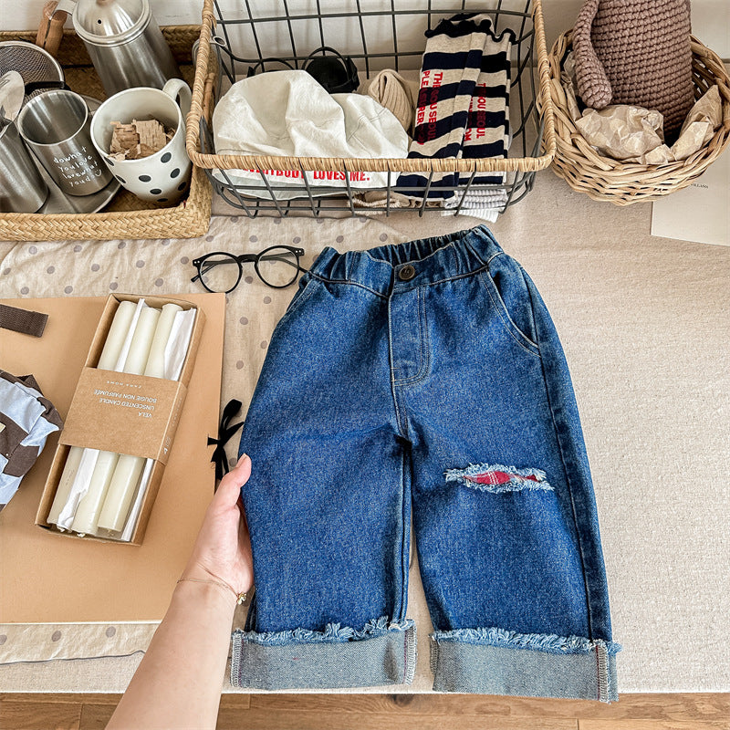 2023 Autumn Spring Baby Girls Boys Denim Pants Loose Fashion Korean Style Kids Casual Jeans Toddler Trouser Children's Clothes