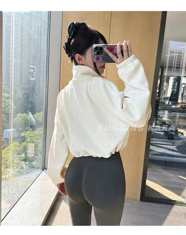 Women Loose Cropped Jacket Loose Zipper Sweatshirt Y2k Long Sleeve Coat Cardigan Sportswear Streetwear Drawstring Tops Clothing