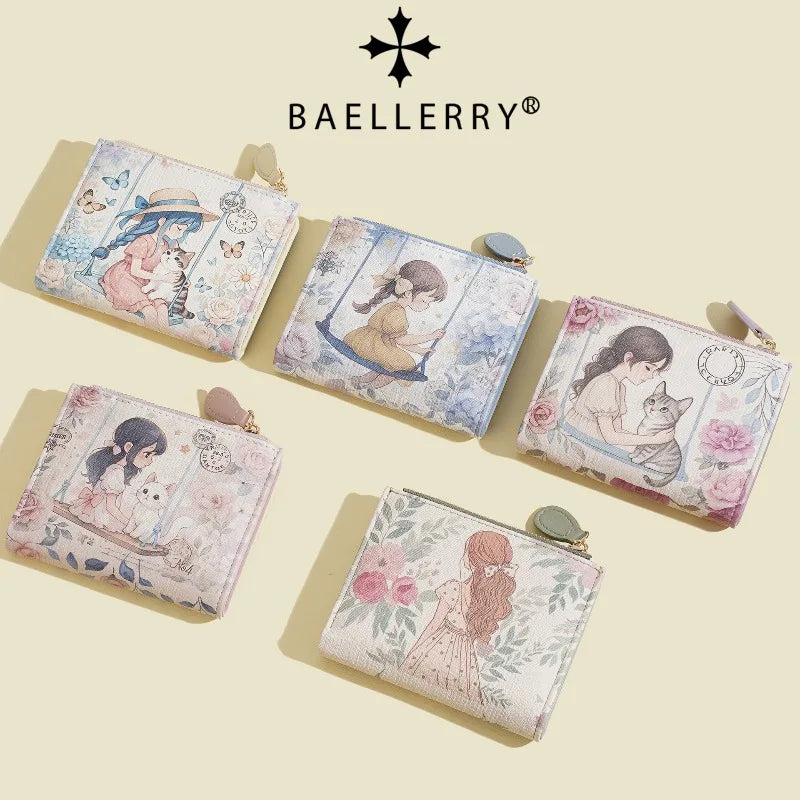 Baellerry Cute Cartoon Girl Wallet PU Leather Card Holder Coin Purse Photo Album for Students Birthday Gift for Daughters