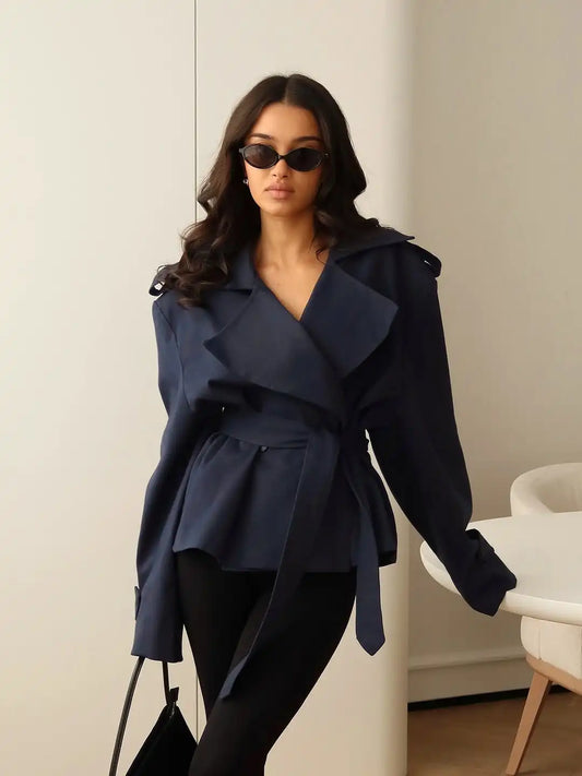 Lace Up Cropped Trench Coat Fashion Women Lapel Long Sleeves Wide Shoulder Windbreaker Jacket Lady 2026 Spring Commuting Outwear