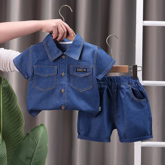 Summer Baby Boys Denim Clothes Suit Children Outfits Fashion Solid Shirt Shorts 2Pcs/Sets Toddler Casual Costume Kids Tracksuits