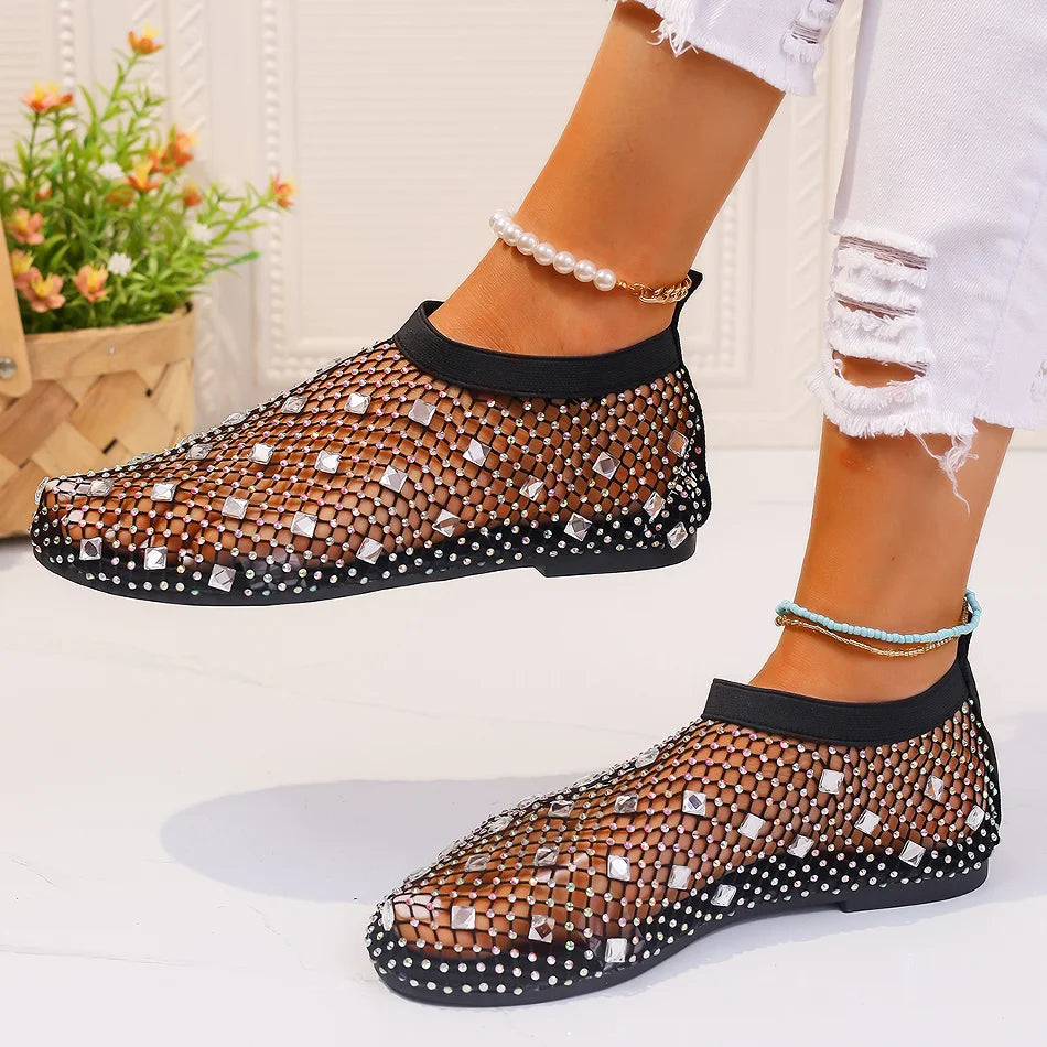 Summer Women's New Round Toe Flat Bottom Sandals Hollow Short Boots Water Diamond Sexy Flat Bottom Fashion Banquet Sandals