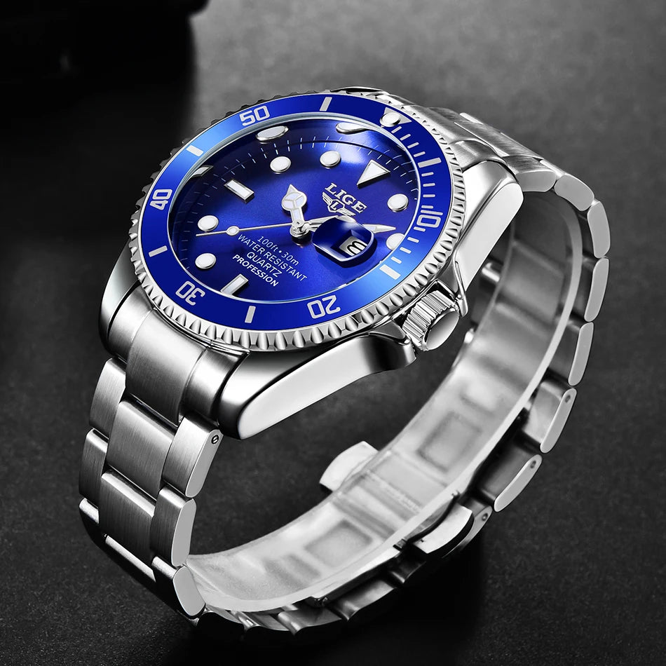LIGE Top Original Men Quartz Watches Blue Waterproof Watch for Men Stainless Steel Quartz Men Luxury Watch Luminous Wristwatch