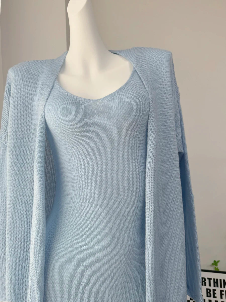 Hirsionsan Soft Loose Sets Women Three Pieces Long Sleeve Cardigan & Sexy Vest Dresses Elegant Female Hollow Outfits Tracksuit