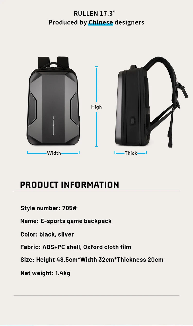 Men's 17.3 Inch Laptop Business Backpack Waterproof Hard Shell Backpack E-sport Gaming Backpack Double Opening 35L Travel Bags
