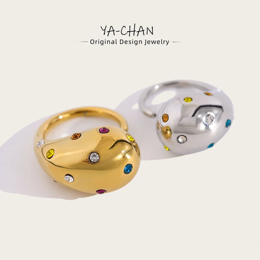 YACHAN 18K Gold Plated Glossy Chunky Stainless Steel Rings for Women Chic Colorful Crystal Statement Jewelry