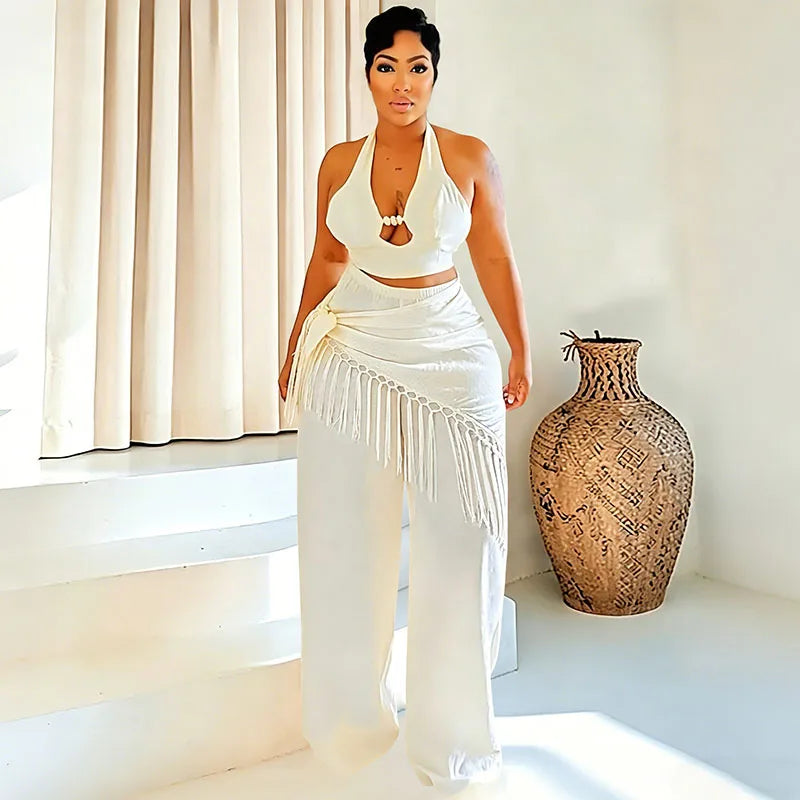 Sexy Two Piece Sets Woman Festival Outfit Birthday Club Party Bandage Halter Backless Crop Top and Tassel Pants Matching Sets
