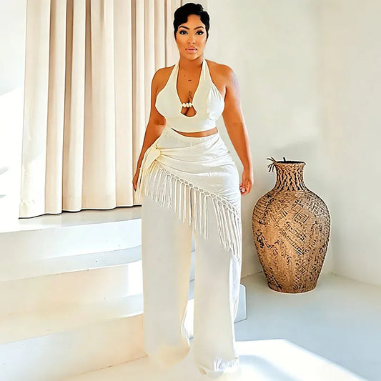 Sexy Two Piece Sets Woman Festival Outfit Birthday Club Party Bandage Halter Backless Crop Top and Tassel Pants Matching Sets