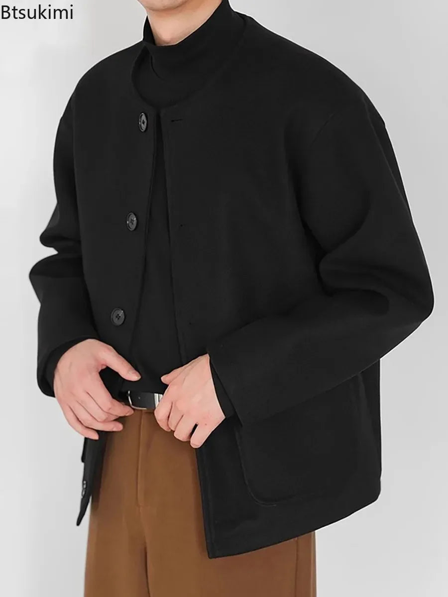 Korean Style Popular Double Side Jackets for Men Light Luxury Solid Fashion Button-up Neckless Woolen Coats Men Leisure Jackets