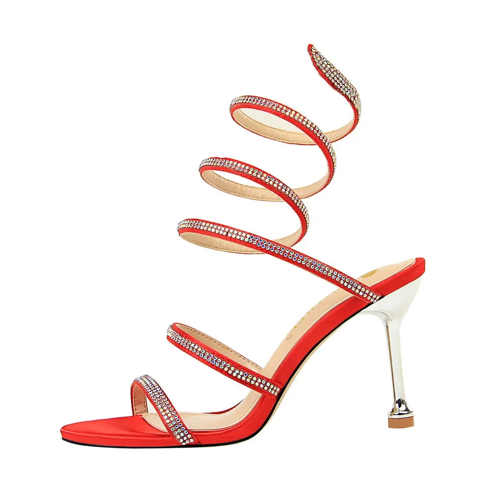 Summer Women 8.5cm High Heels Nightclub Silk Rhinestone Sandals Crystal Ankle Cross Strap Sandles Sexy Strange Gladiator Shoes