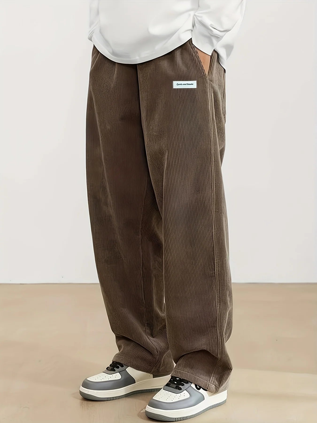 Autumn Mens Corduroy Casual Pants Fashion Loose Fit Pants Straight Sweatpants Elastic Waist Drawstring Outdoor Streetwear