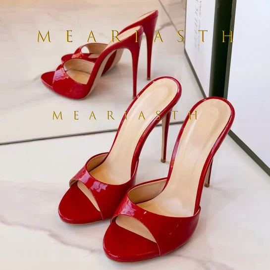 Red Patent Leather Stiletto Slippers Open Toe Solid Sexy High Heels Summer 2025 New Nightclub Outside Plus Size 45 Luxury Shoes