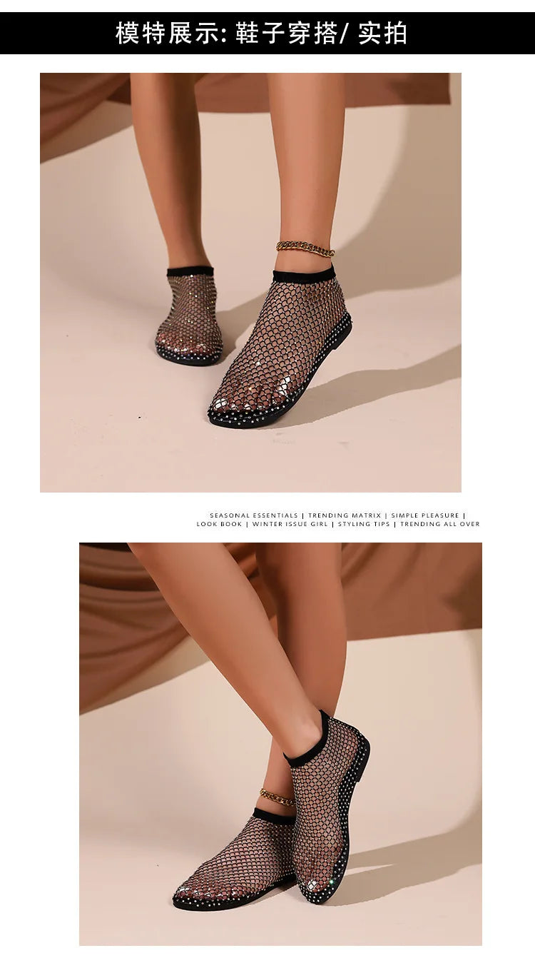 Summer Large Size Women Round Toe Flat Bottom Sandals Hollow Short Boots Water Diamond Sexy Flat Bottom Fashion Banquet Slippers