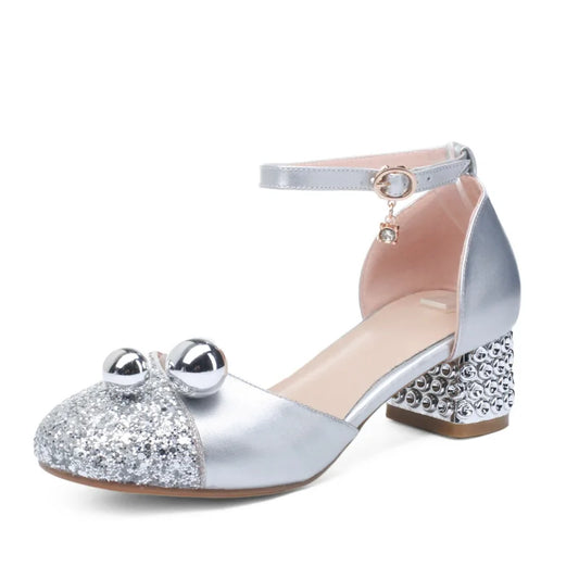Princess Kids Leather Shoes Girls Sandal Sweet Pearl Casual Glitter Children High Heels Girls Party Dance Shoes Pink Gold Silver