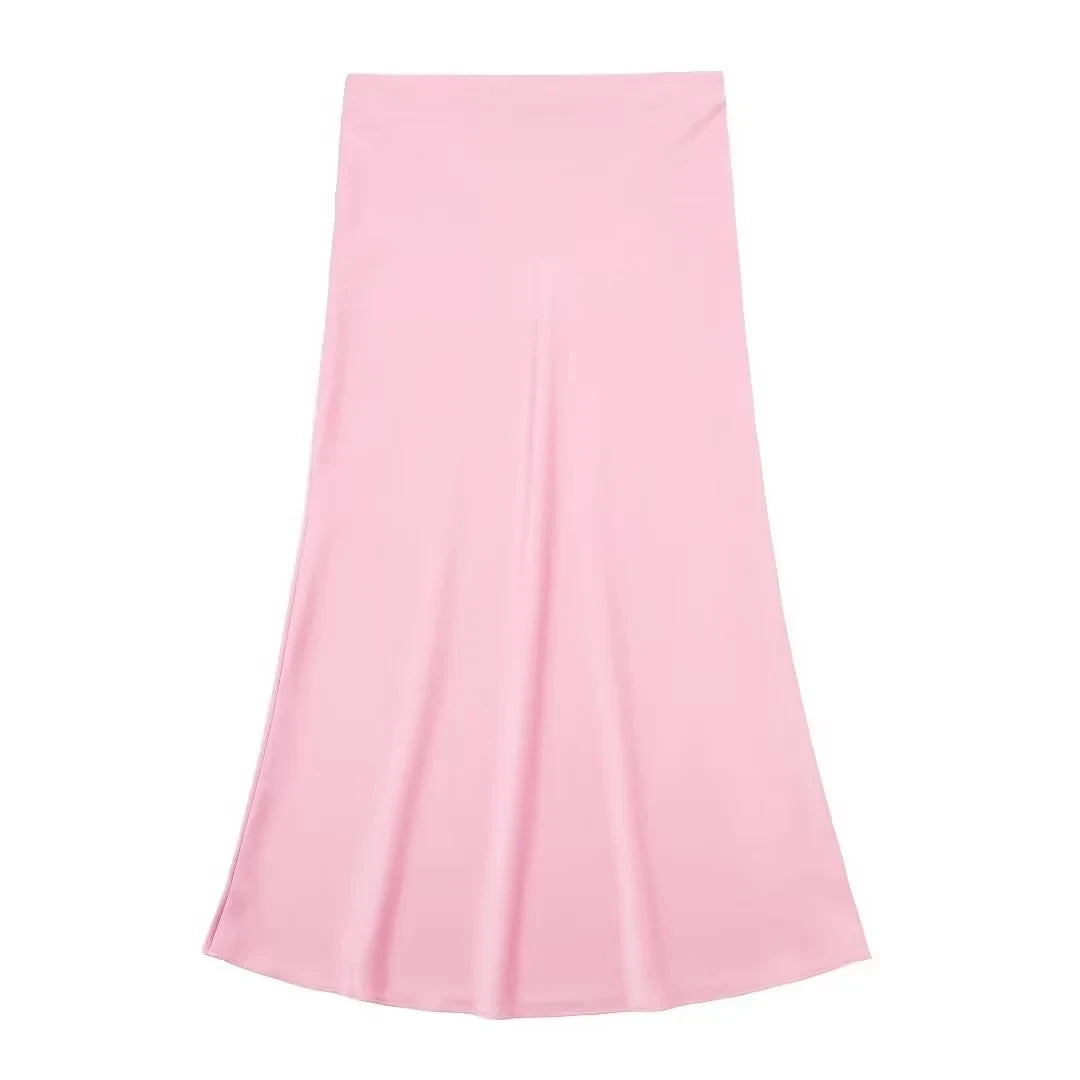 HH Women Fashion Vintage Solid Skirt Satin Slim Elastic Waist Midi Skirts Office Lady Wear Elegant Woman Chic Mermaid Skirt