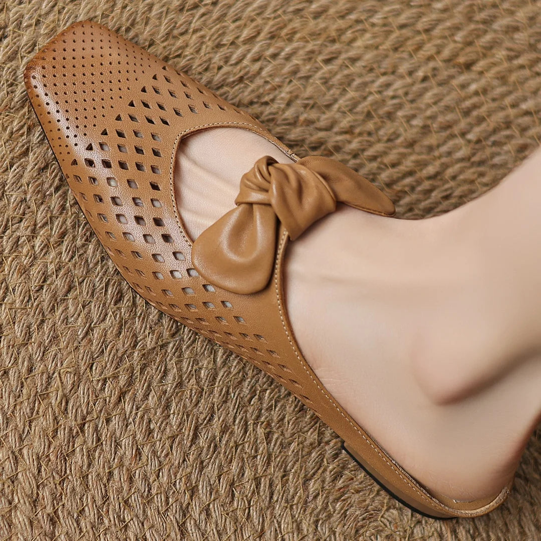 2025 Summer new plus size 34-41 women's hollow-out cow leather slip-on flats summer slides sandals sweet bowtie elegant mules