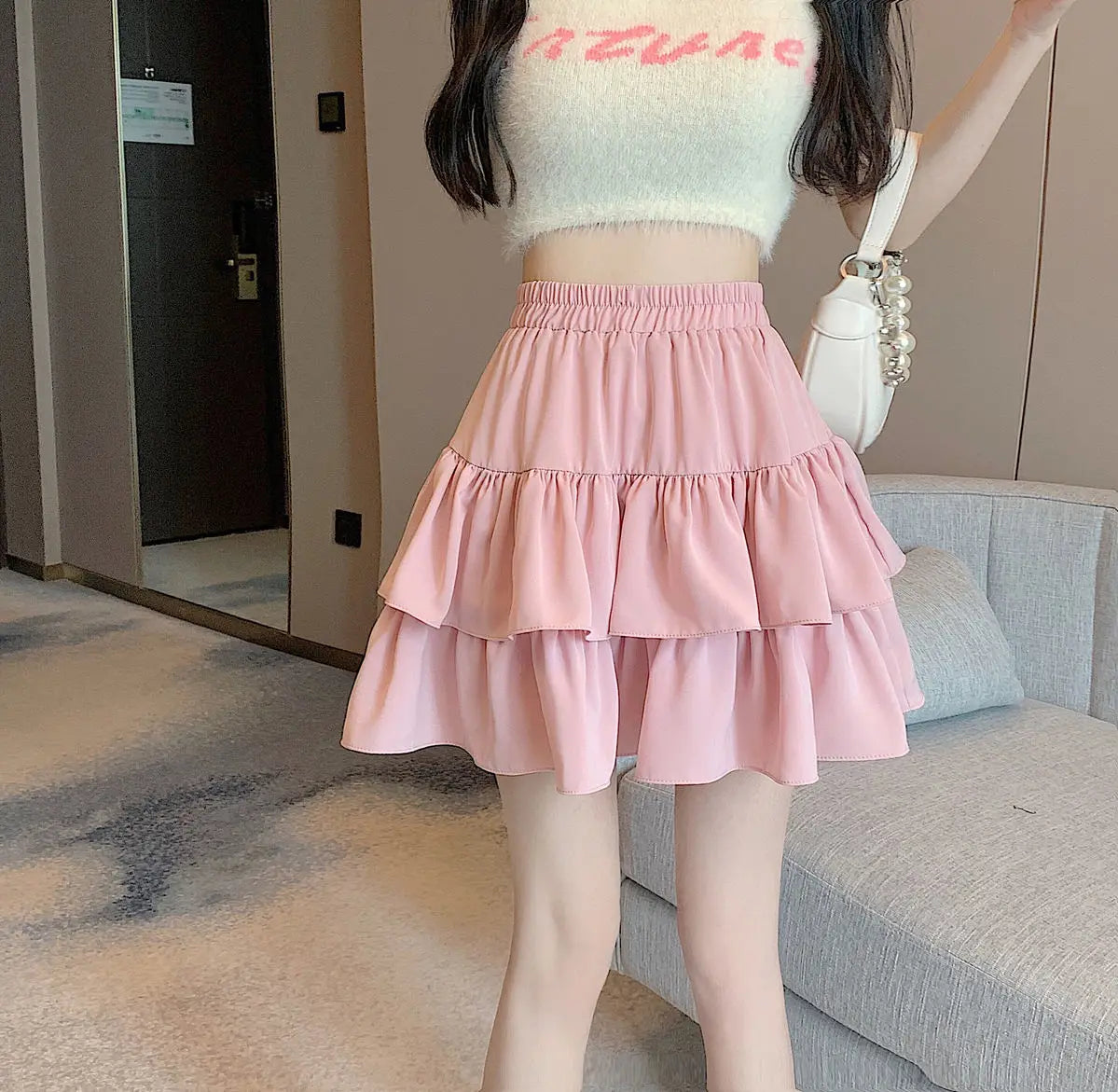 Ruffled Cake Skirts for Women High-waisted A-line Solid All-match Sweet Lovely Girls Korean Style Gentle Spring Kawaii Casual