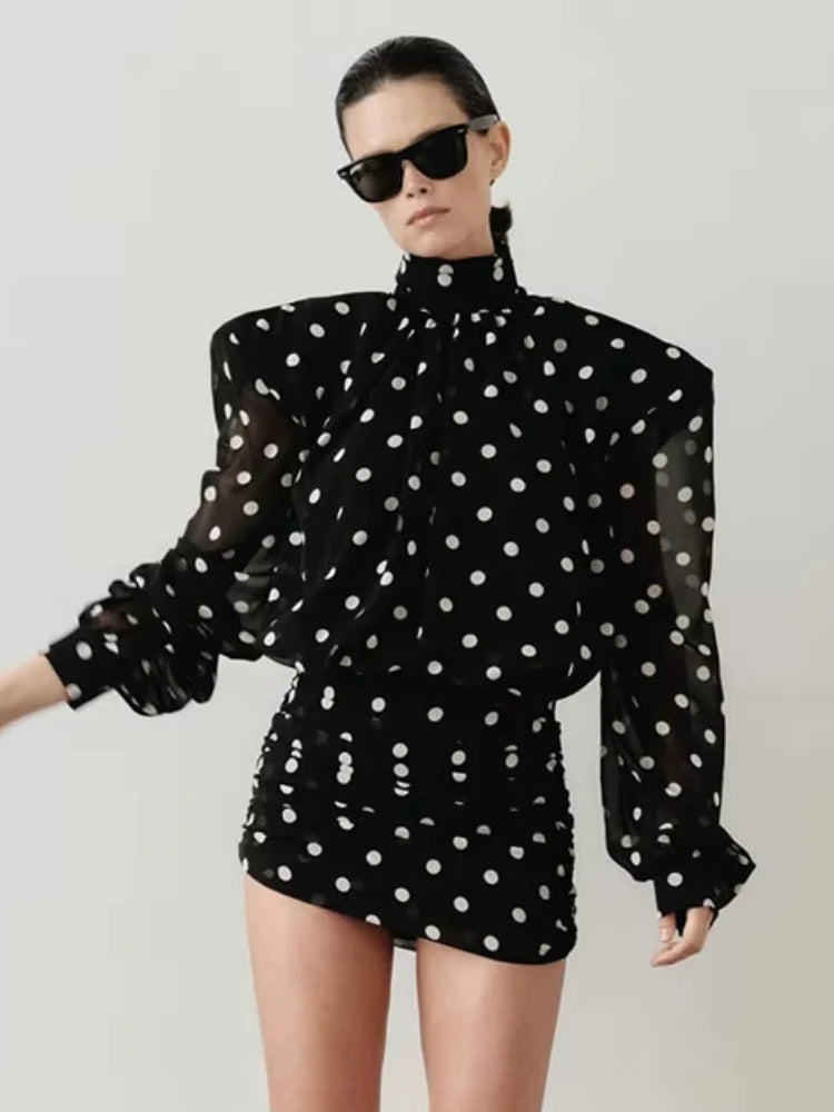 Nibber See Through Mini Dress Woman Turtleneck Mesh Full Sleeve Polka Dot Print Skinny Peach Hip Street Ruched Elegant Bodycon
