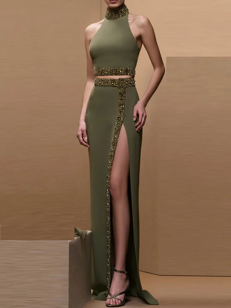 HIGH STREET Newest Fashion 2026 Designer Runway Suit Set Women's Diamonds Beaded Halter Tops Camis Long Skirt Set 2pcs
